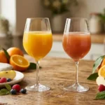 Is fruit juice healthy? Fresh whole fruits and 100% fruit juice shown as balanced nutrition choices.