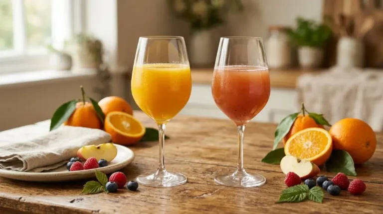 Is fruit juice healthy? Fresh whole fruits and 100% fruit juice shown as balanced nutrition choices.
