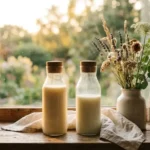 low fat milk vs whole milk in vintage bottles with soft window light glow