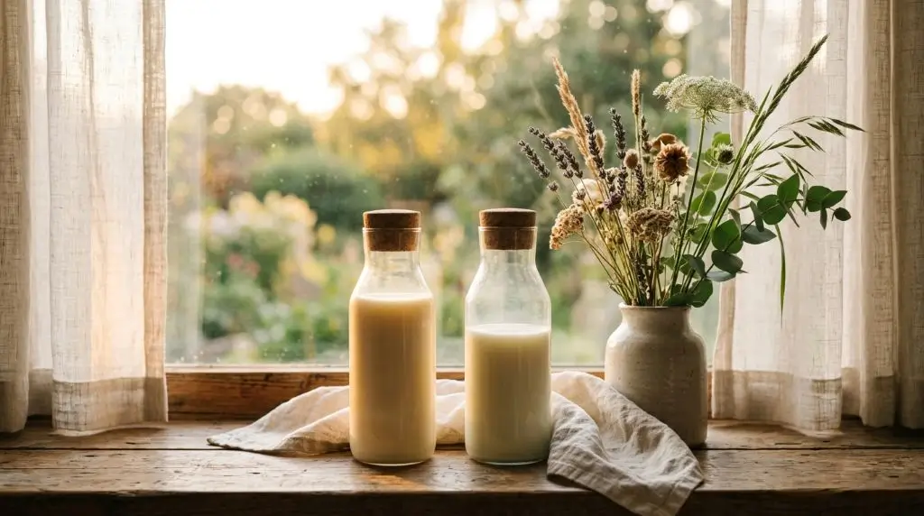 low fat milk vs whole milk in vintage bottles with soft window light glow