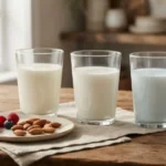 Milk nutrition facts comparing whole, low-fat, and skim milk in three glasses on a warm wooden table.