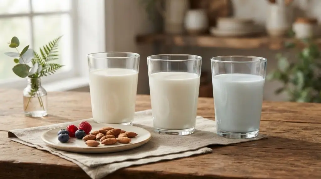 Milk nutrition facts comparing whole, low-fat, and skim milk in three glasses on a warm wooden table.