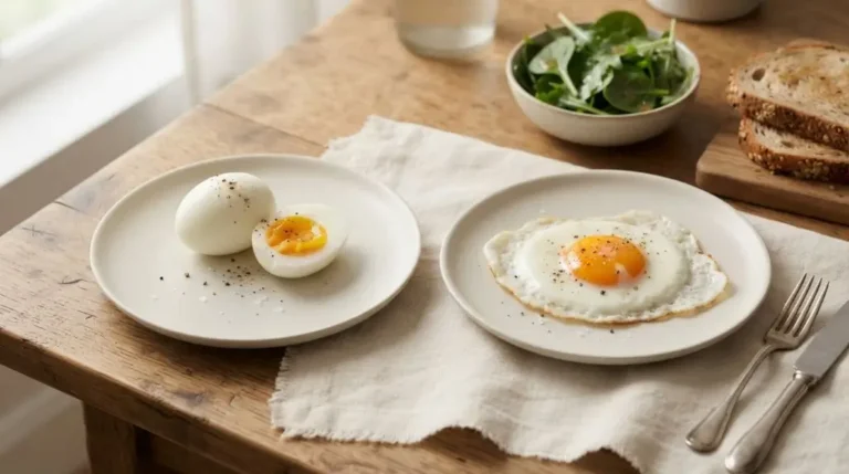 Boiled egg vs fried egg arranged side by side on a natural table for a simple cooking method comparison.