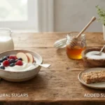Natural sugar vs added sugar comparison of whole foods, sweeteners, cereal, and snack foods