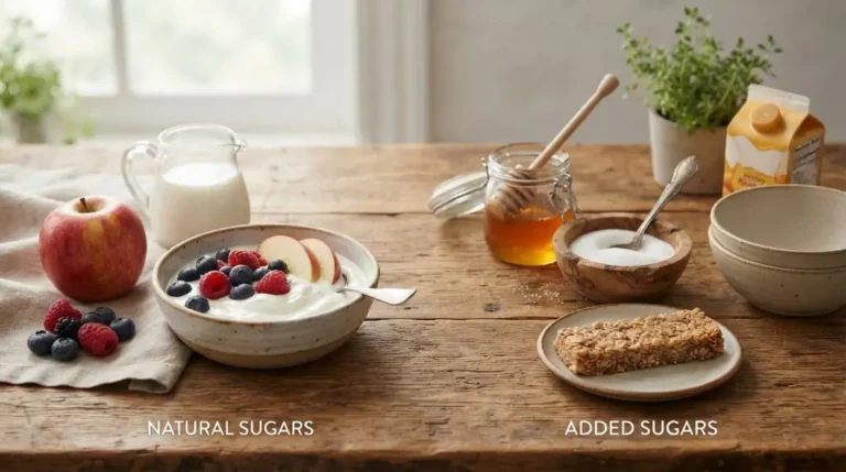 Natural sugar vs added sugar comparison of whole foods, sweeteners, cereal, and snack foods