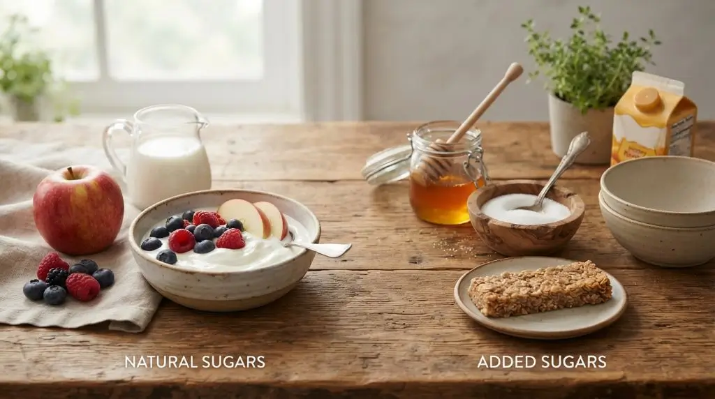Natural sugar vs added sugar comparison of whole foods, sweeteners, cereal, and snack foods