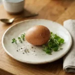 One large egg on a cream plate on a wooden table, a classic simple view of one egg nutrition with protein, fat and vitamins