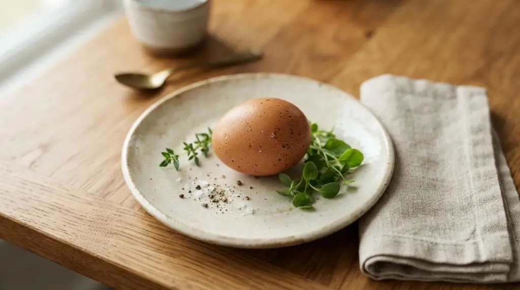 One large egg on a cream plate on a wooden table, a classic simple view of one egg nutrition with protein, fat and vitamins