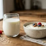 Yogurt vs milk nutrition guide featuring plain yogurt, fresh milk, berries and almonds on a wooden table.