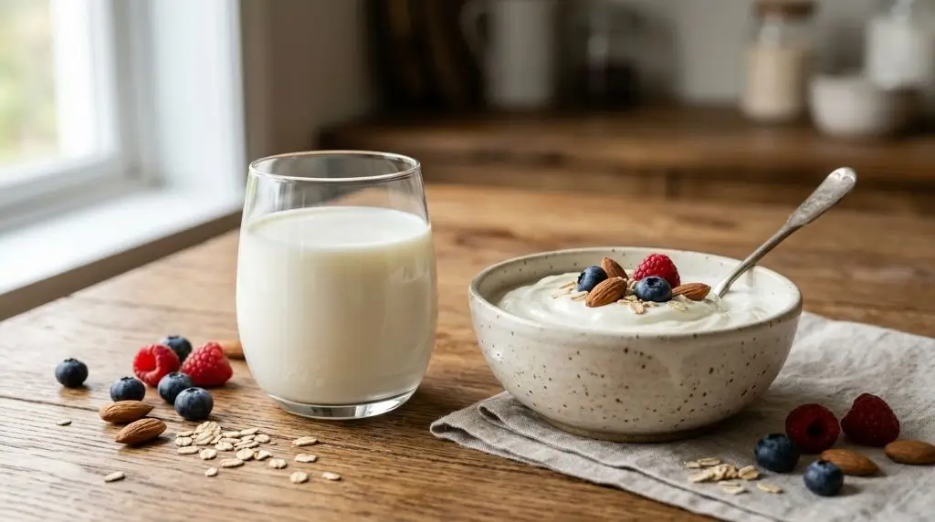 Yogurt vs milk nutrition guide featuring plain yogurt, fresh milk, berries and almonds on a wooden table.