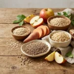 What do carbohydrates do for your body? Oats, whole grains, fruit, lentils, and sweet potatoes arranged as everyday carbohydrate foods.