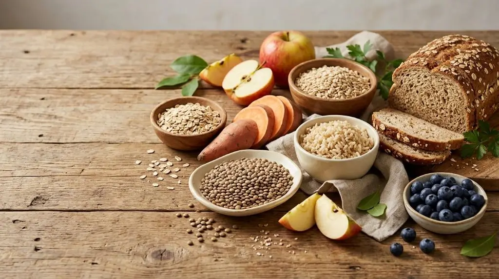 What do carbohydrates do for your body? Oats, whole grains, fruit, lentils, and sweet potatoes arranged as everyday carbohydrate foods.